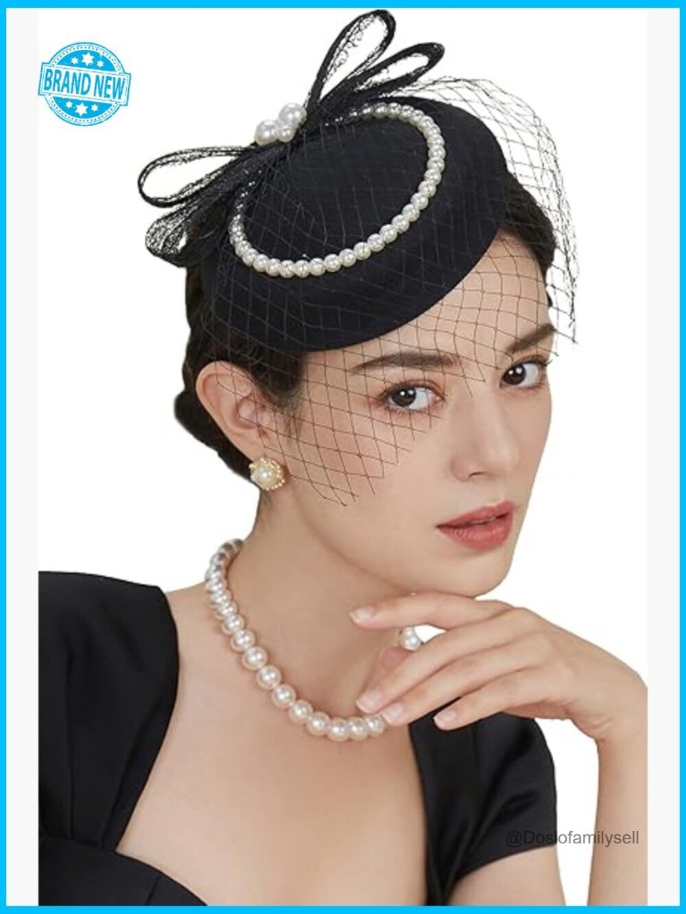 Pillbox Fascinator Hat with Feather Veil Pearls Derby Tea Party